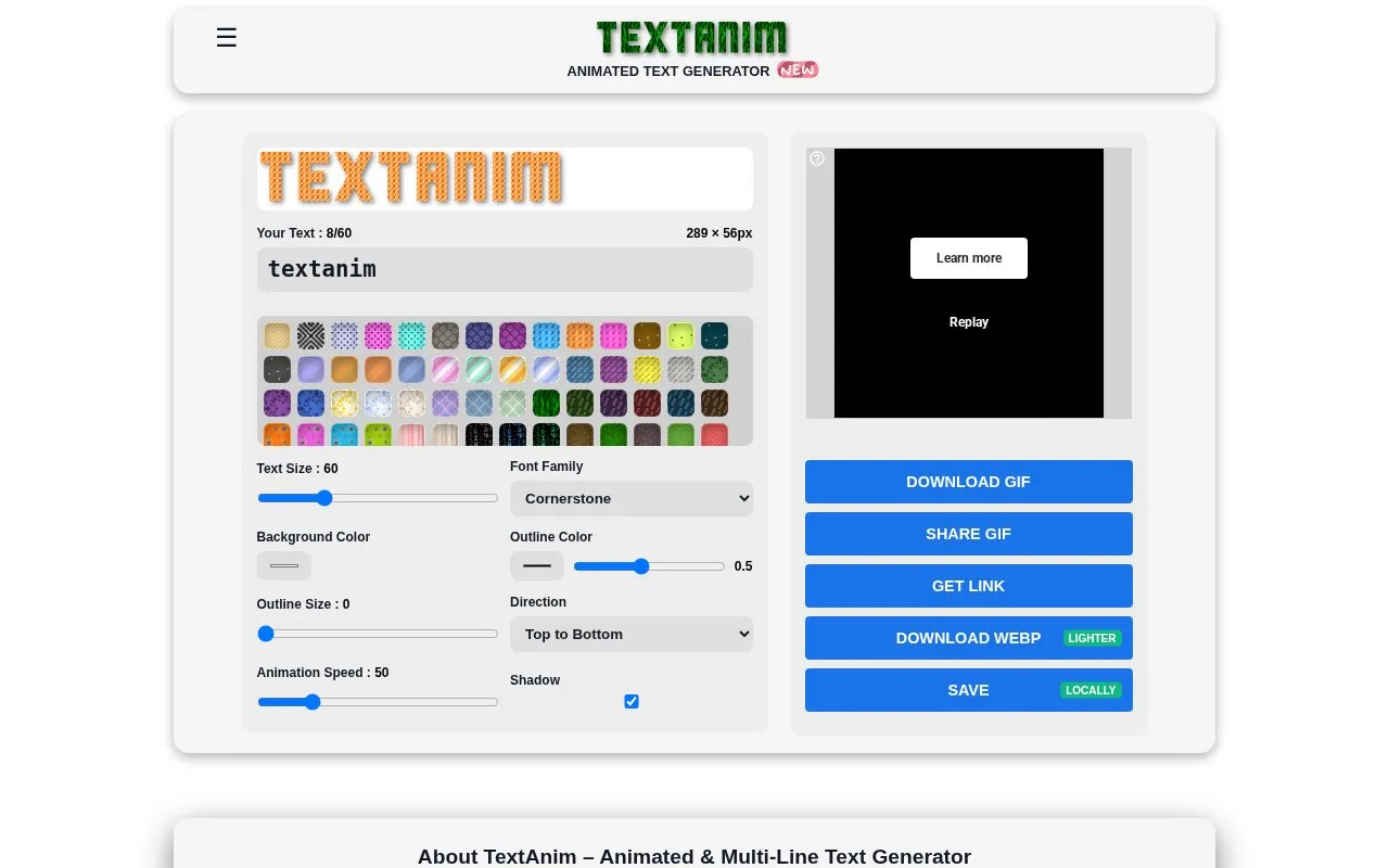 Textanim homepage screenshot
