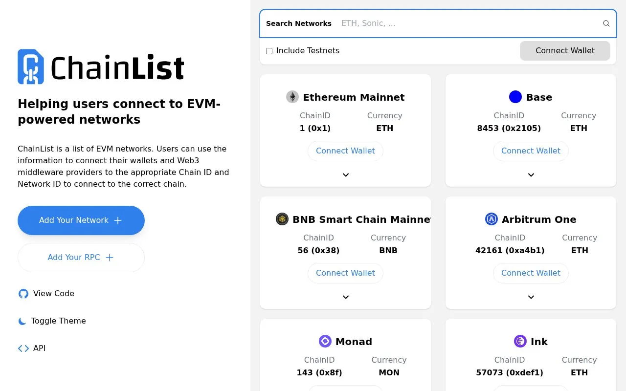 ChainList homepage screenshot