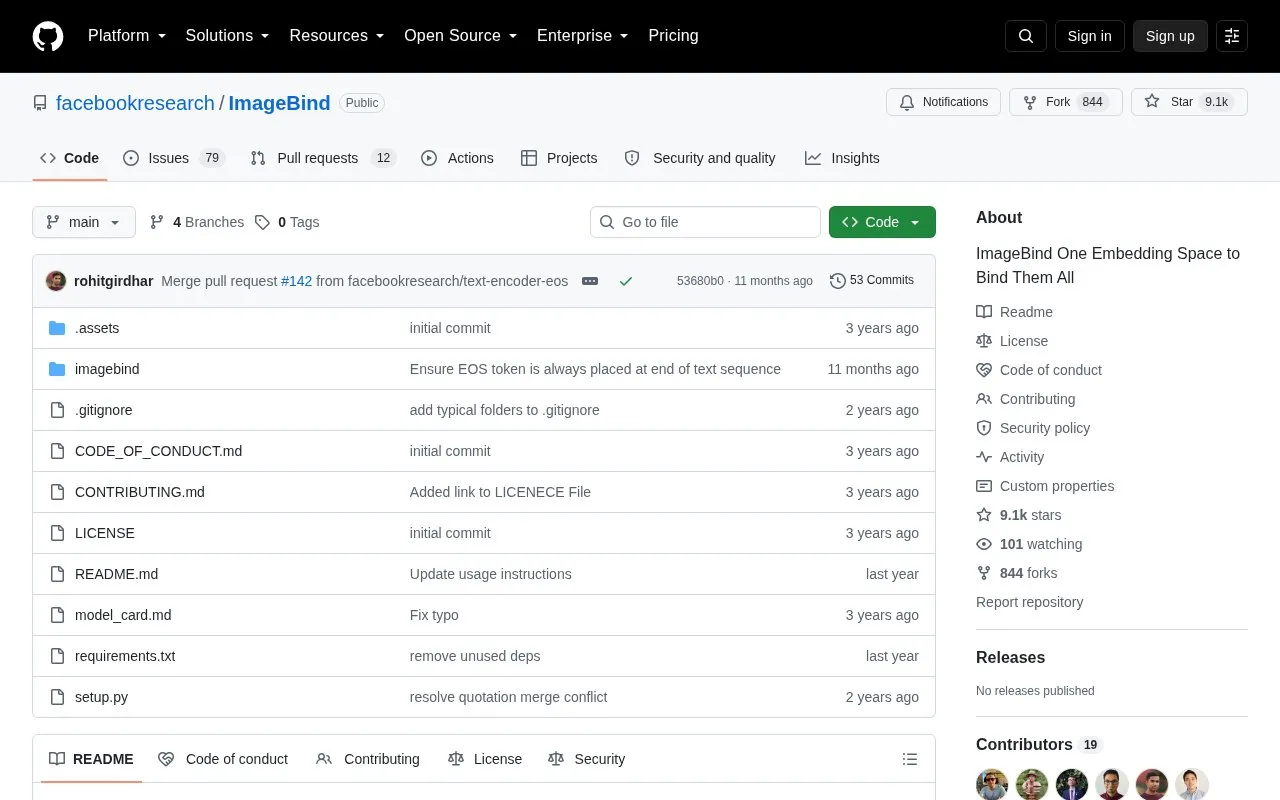 facebookresearch/ImageBind homepage screenshot