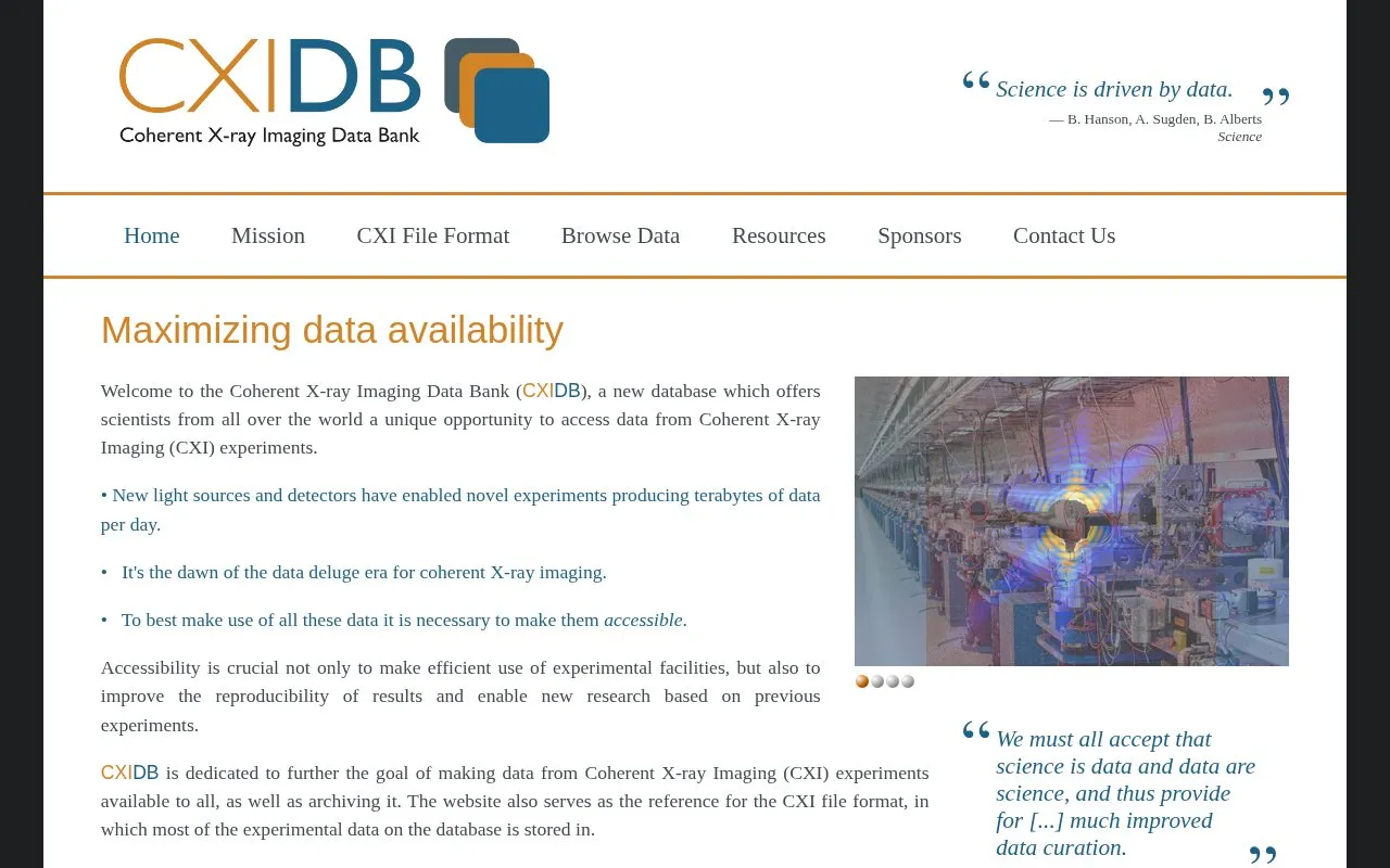 Coherent X-ray Imaging Data Bank homepage screenshot