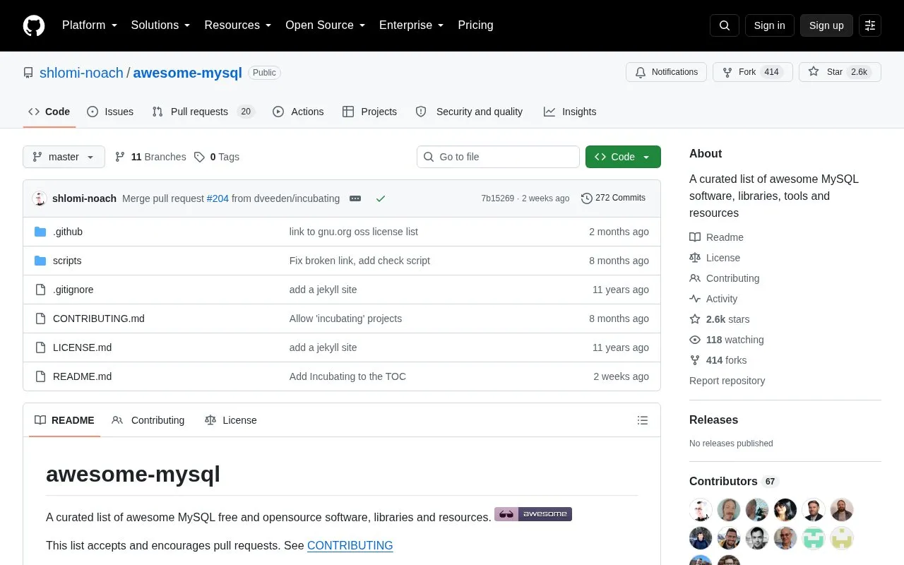 Awesome MySQL homepage screenshot