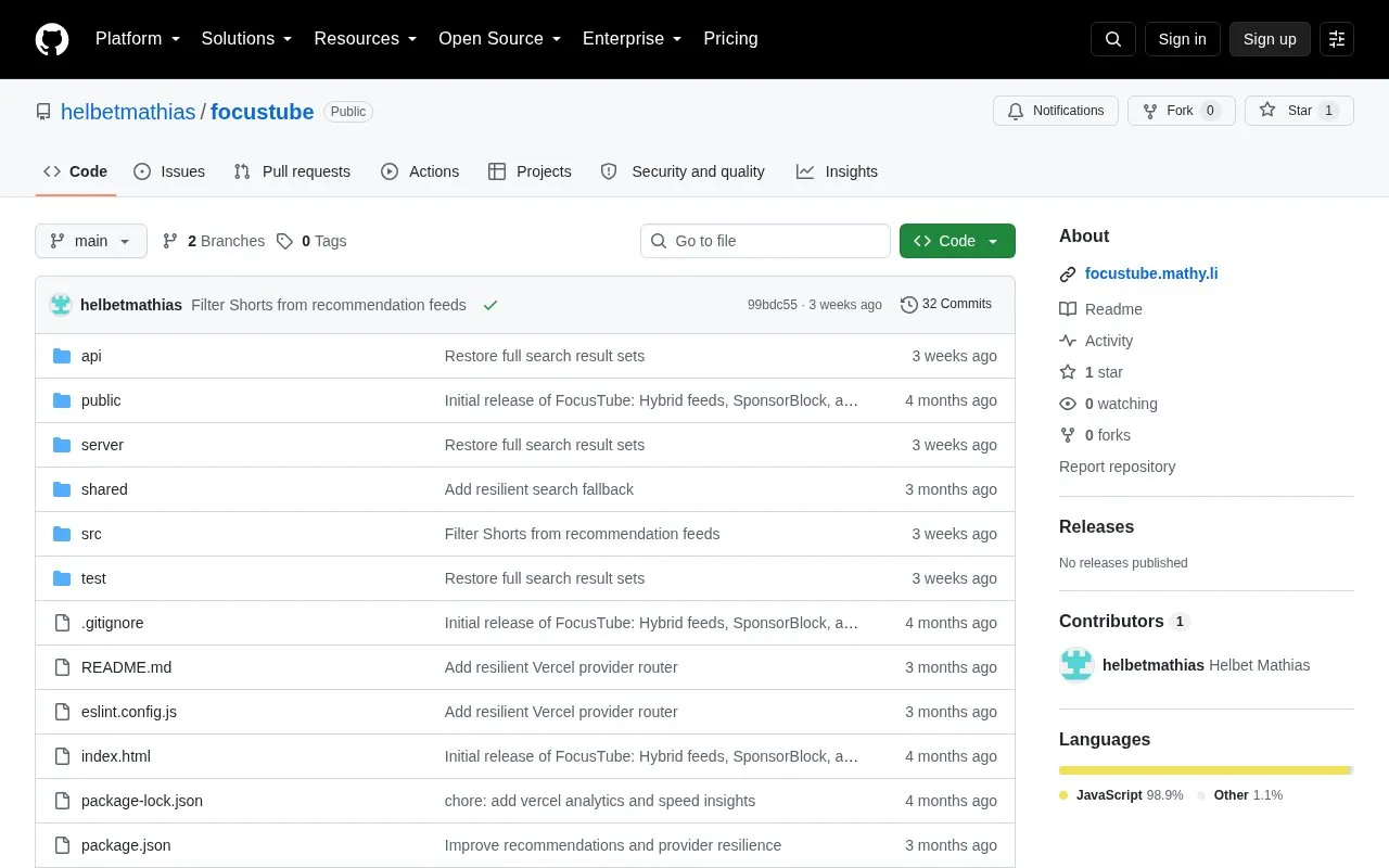 Focustube homepage screenshot