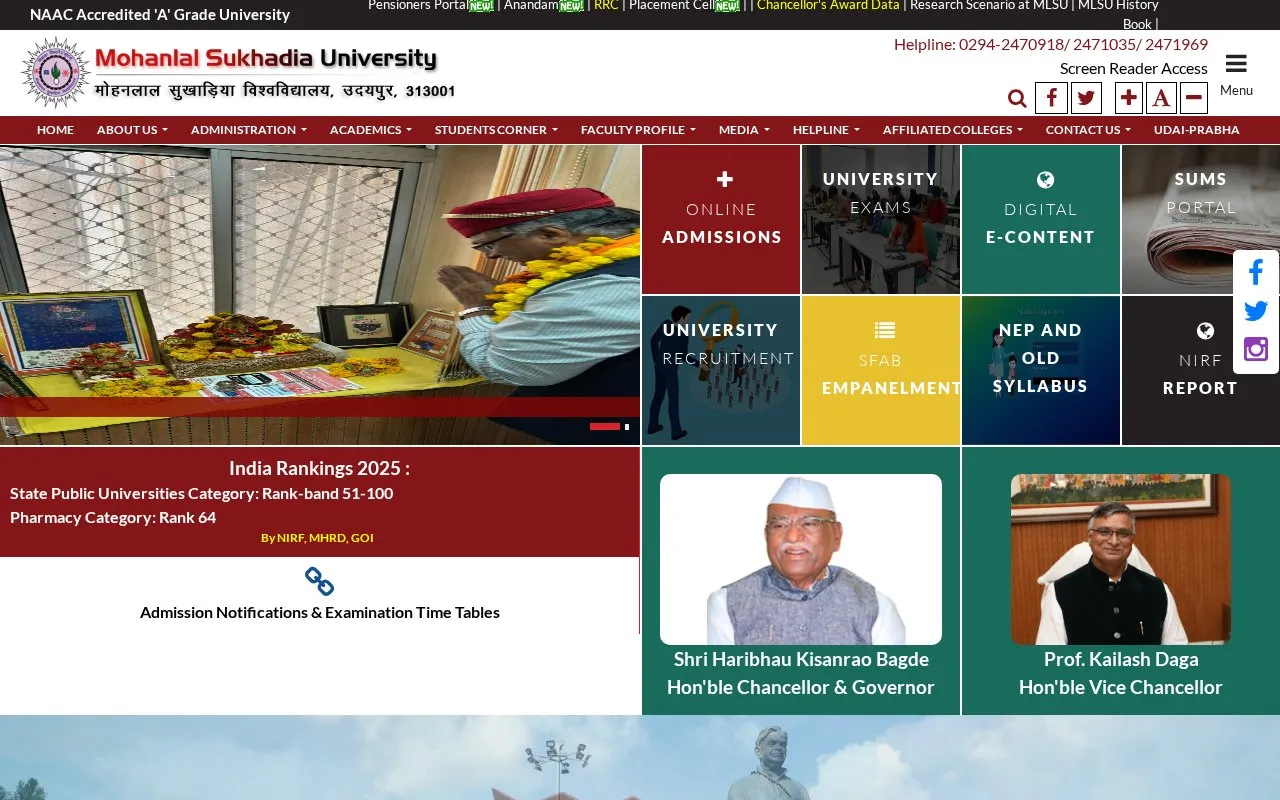 Mohan Lal Sukhadia University homepage screenshot