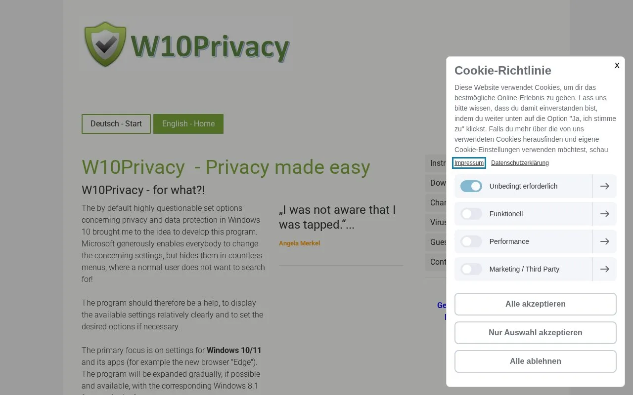W10Privacy homepage screenshot