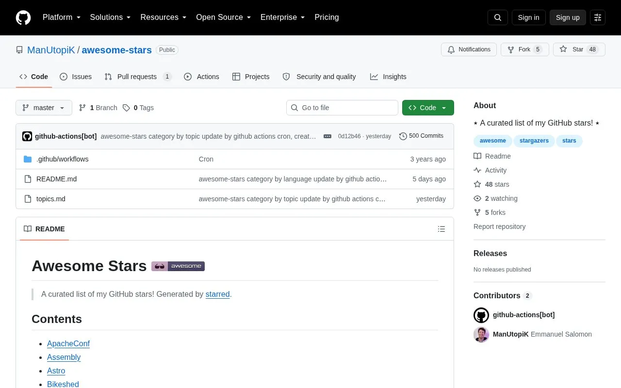 Awesome Stars homepage screenshot