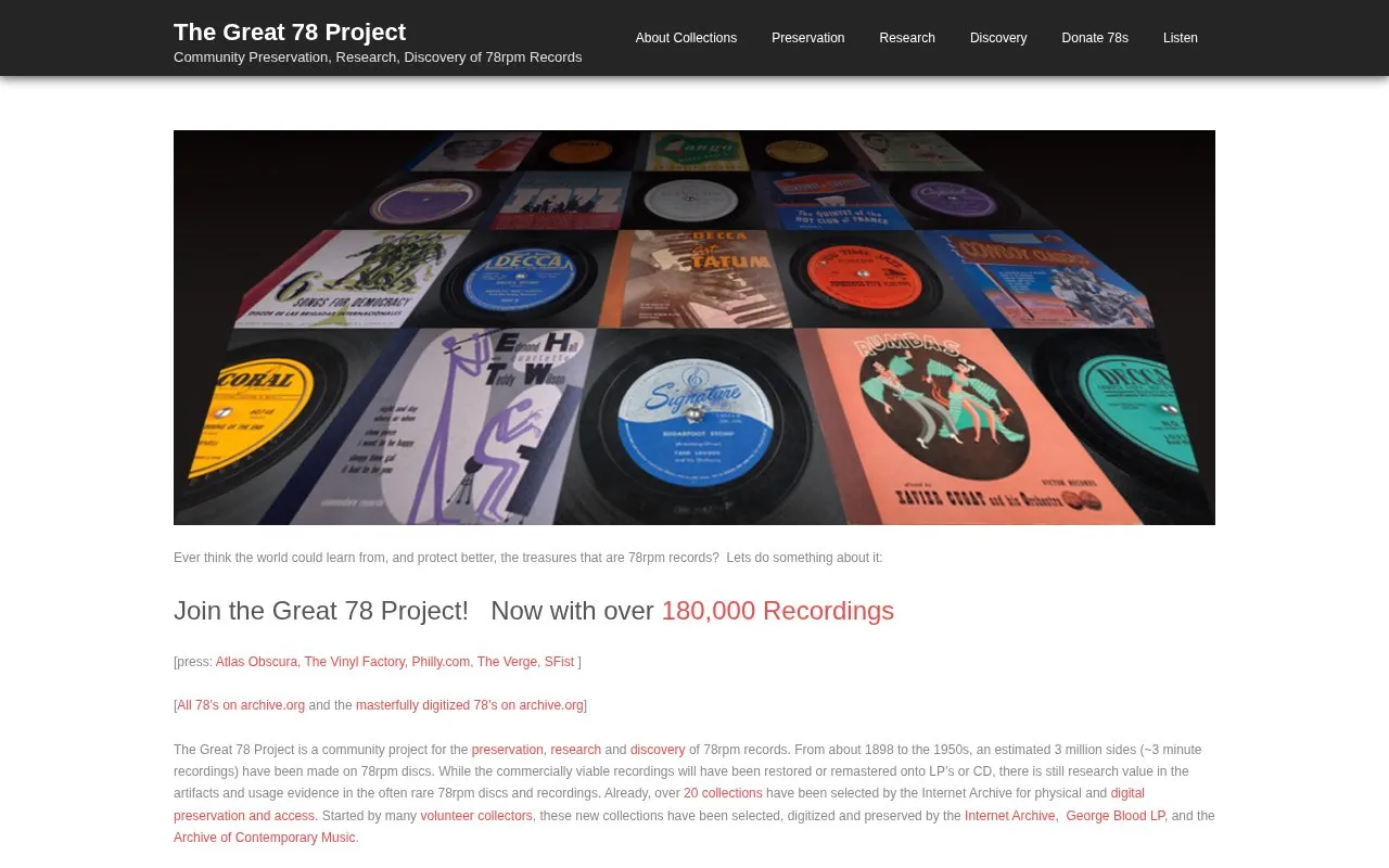 The Great 78 Project homepage screenshot