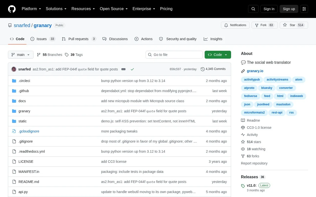 granary homepage screenshot