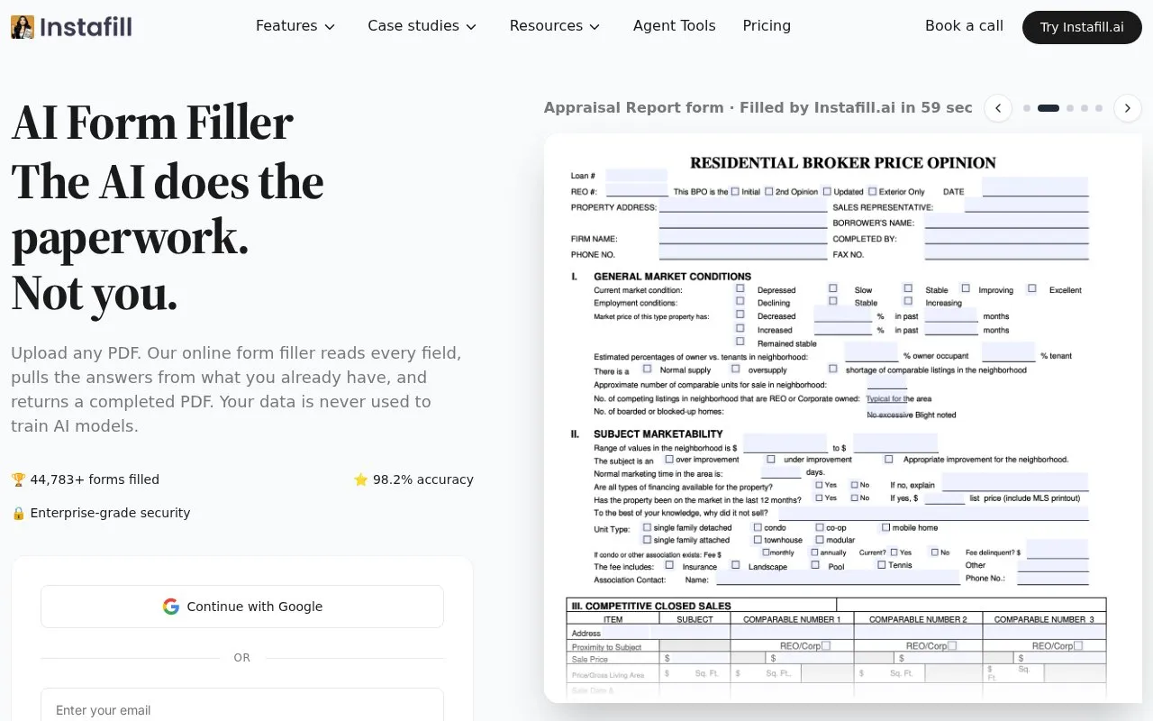 Instafill homepage screenshot