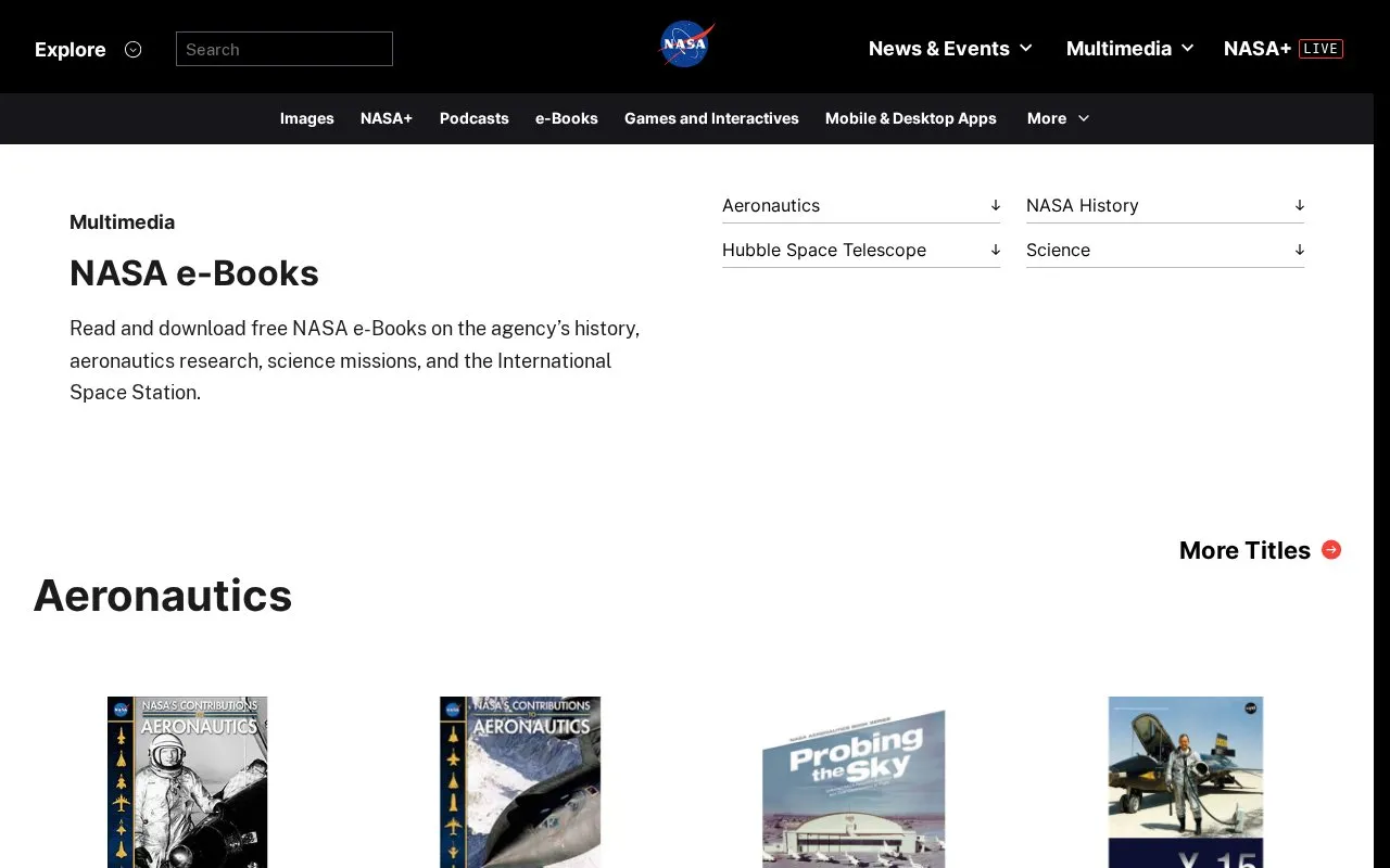 NASA Ebooks homepage screenshot