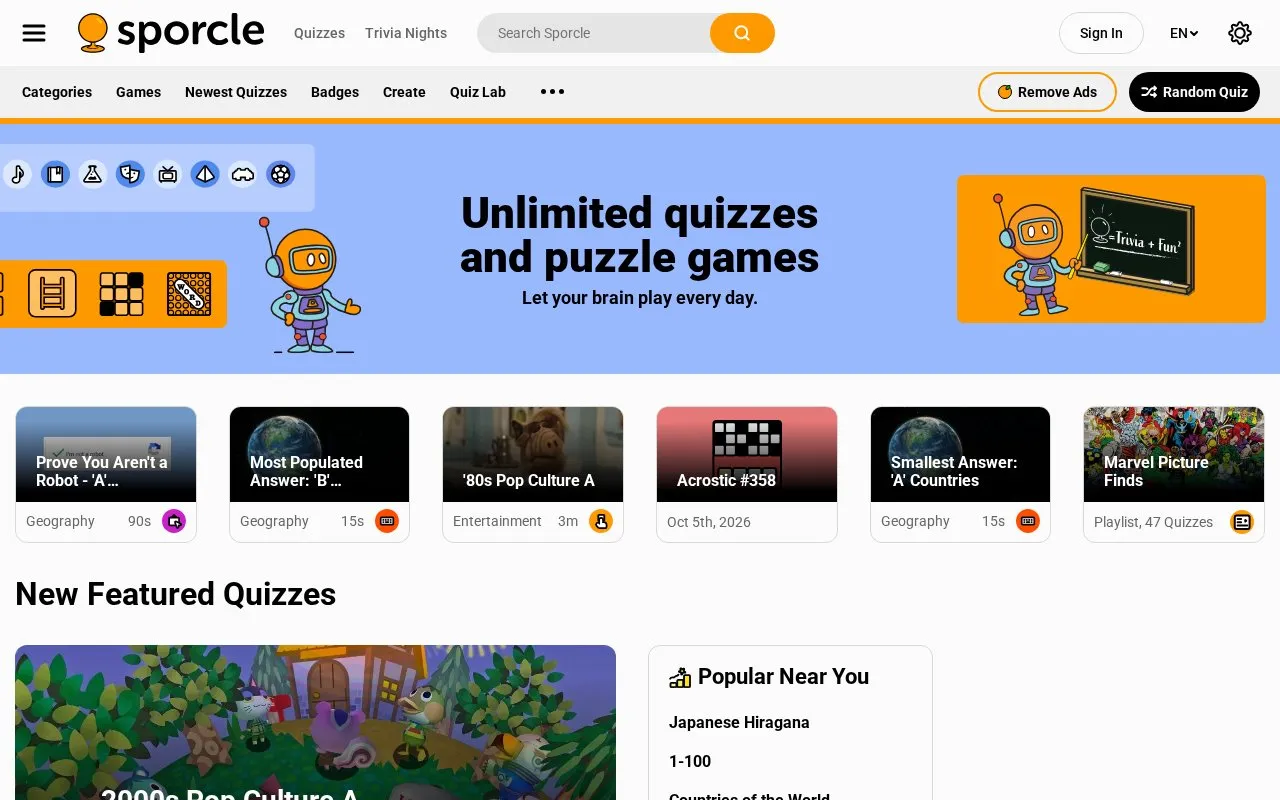 Sporcle homepage screenshot