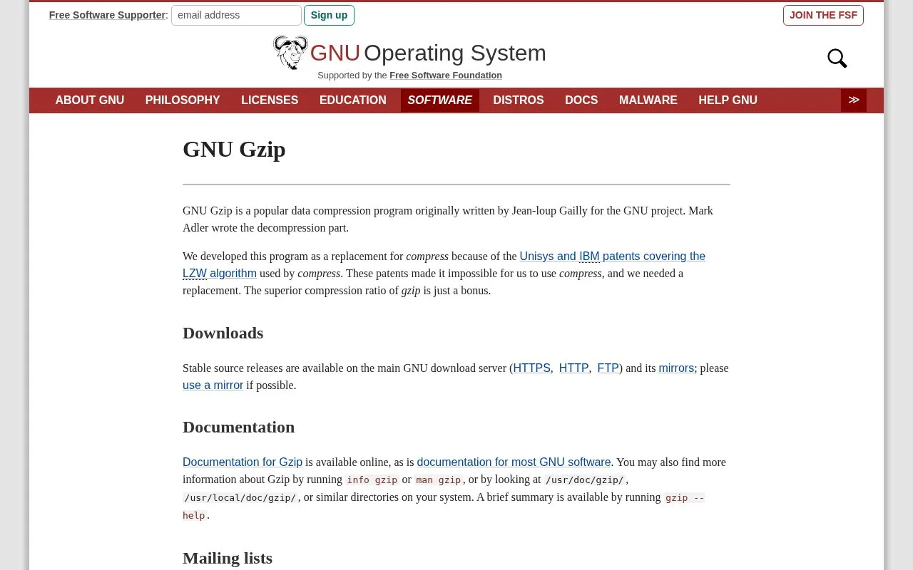 GNU Gzip homepage screenshot