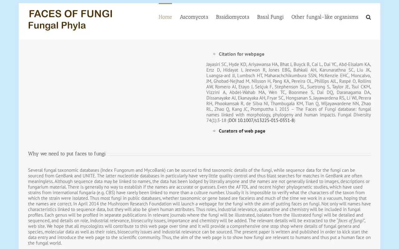 Faces Of Fungi database homepage screenshot