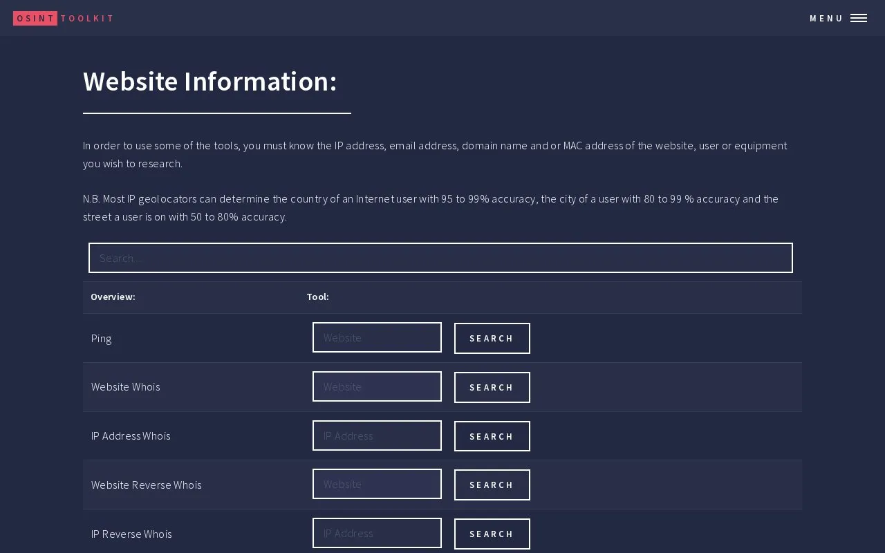Website Information homepage screenshot