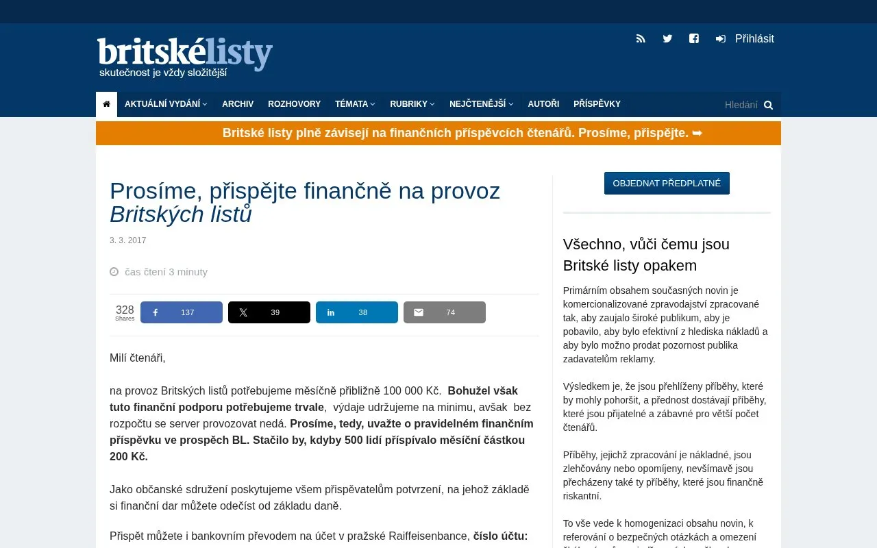 Britské listy homepage screenshot