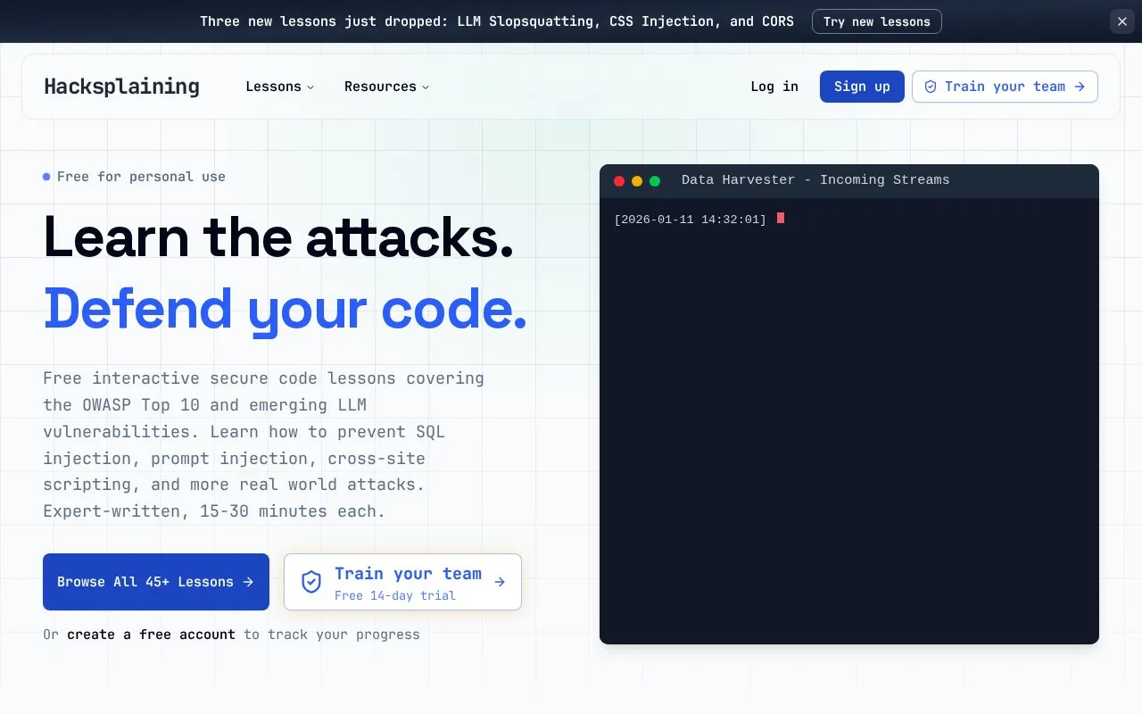 Hacksplaining homepage screenshot