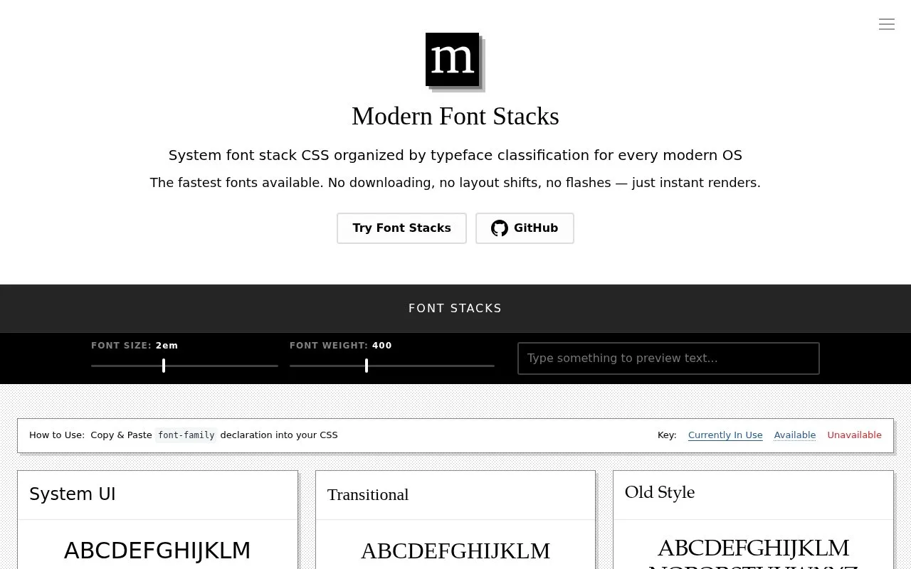 Modern Fonts Stacks homepage screenshot