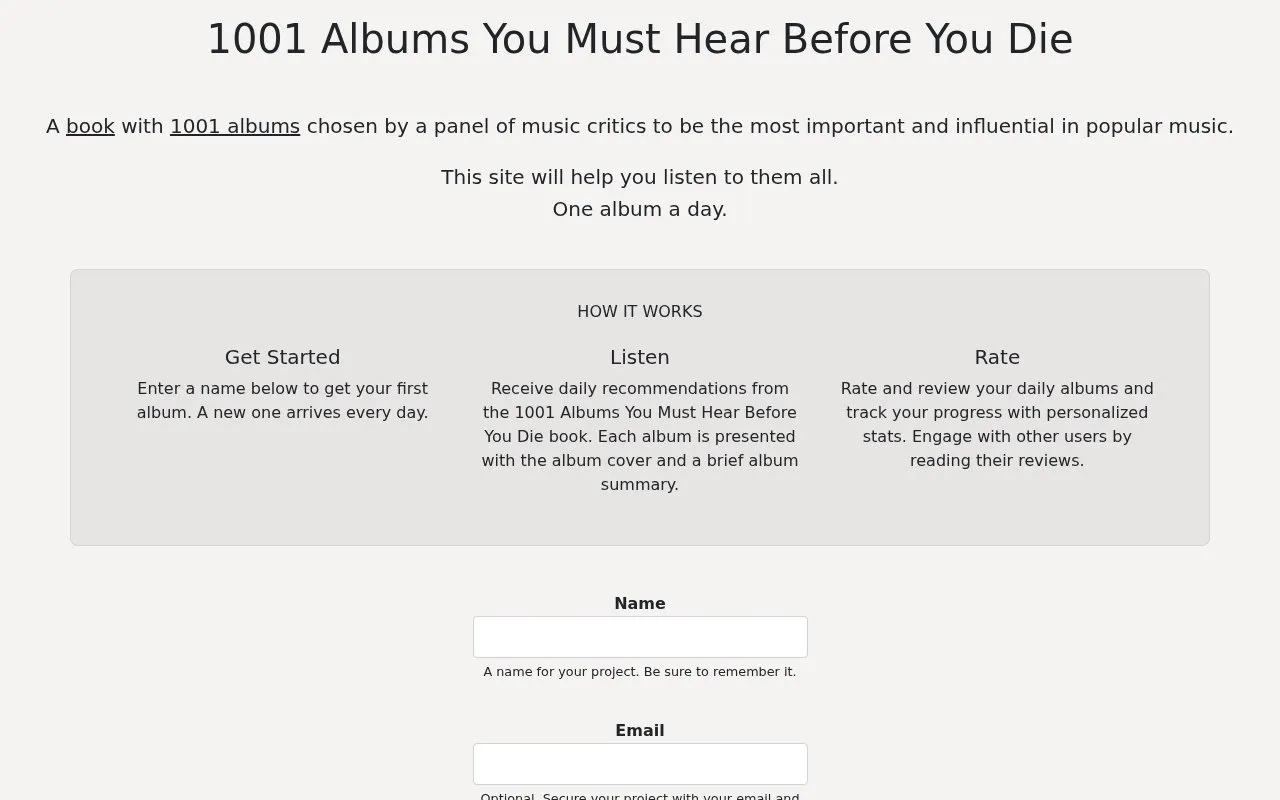 1001 Albums Generator homepage screenshot