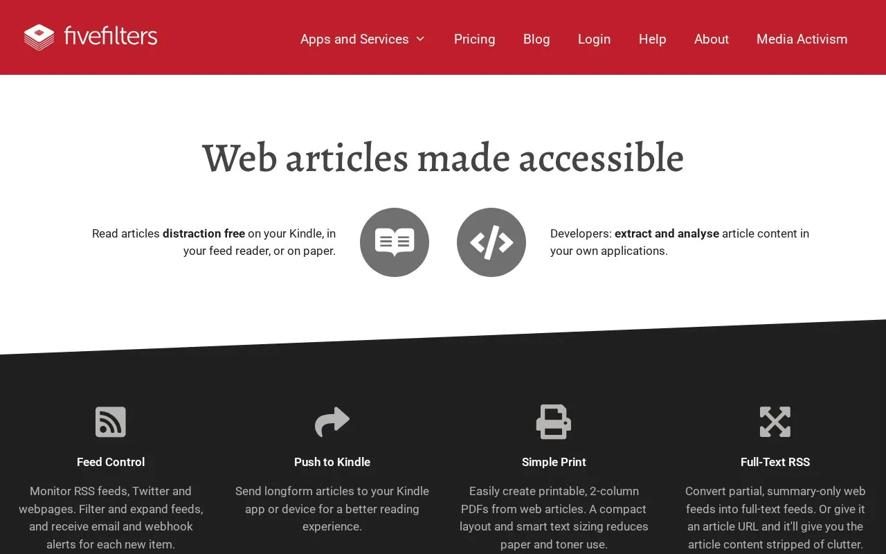 FiveFilters homepage screenshot