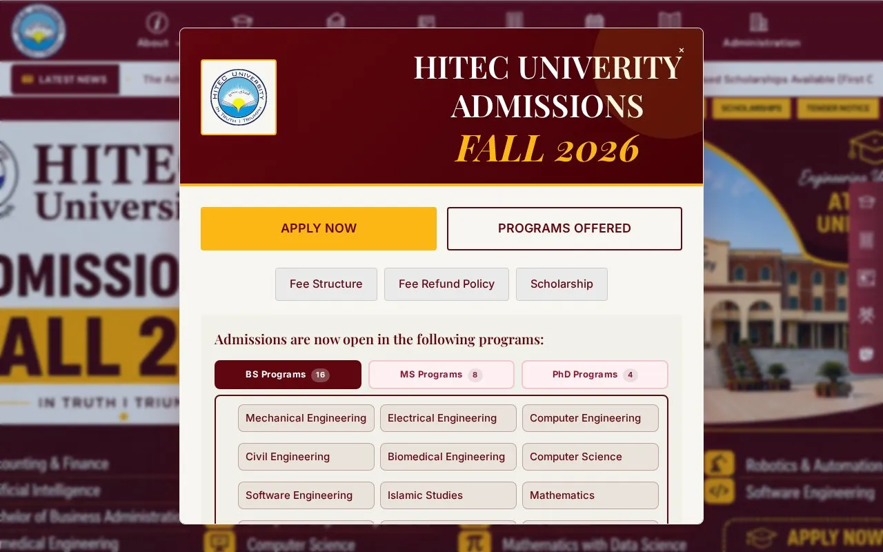 HITEC University homepage screenshot