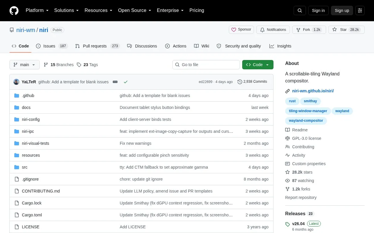 niri homepage screenshot
