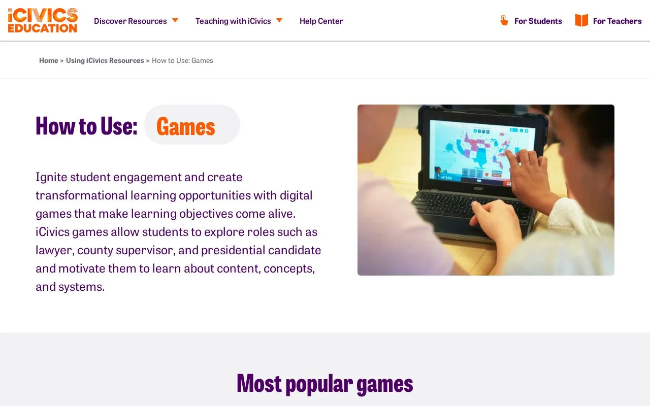 iCivics homepage screenshot