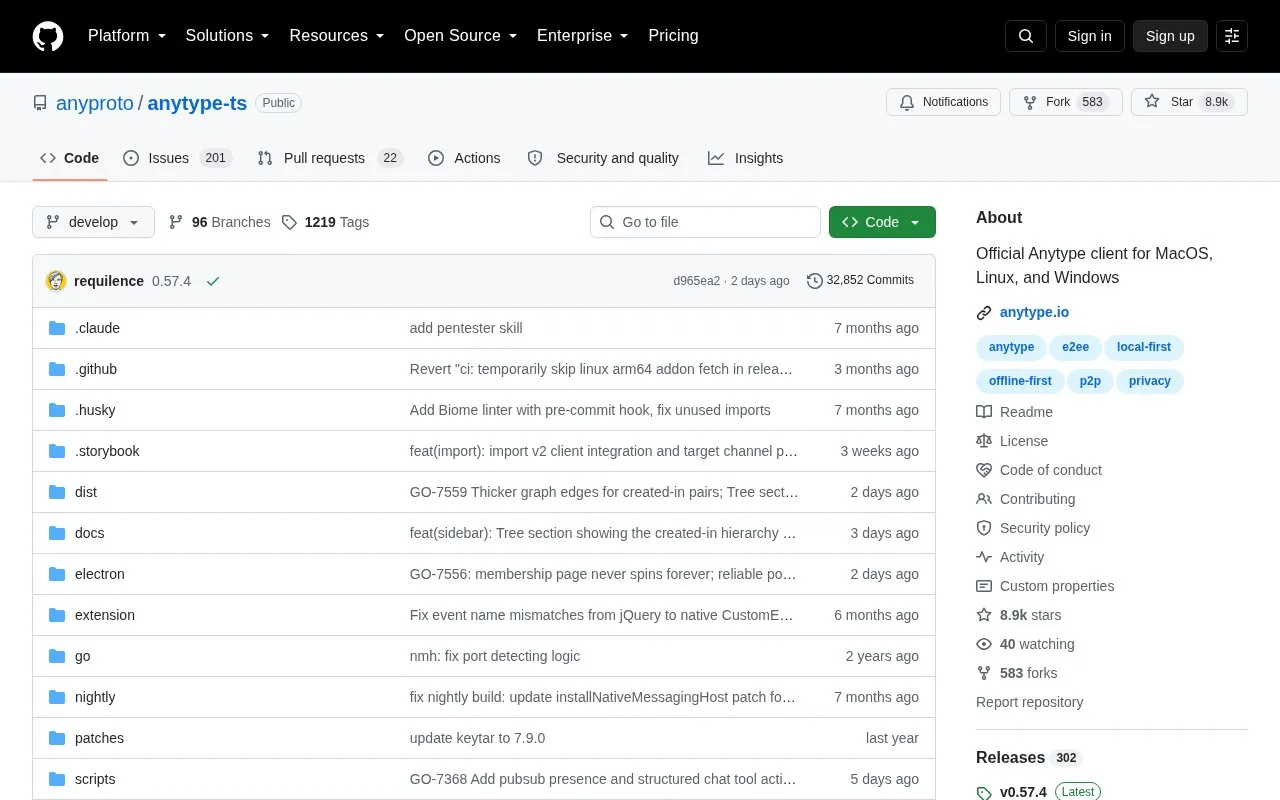 Anytype Ts homepage screenshot