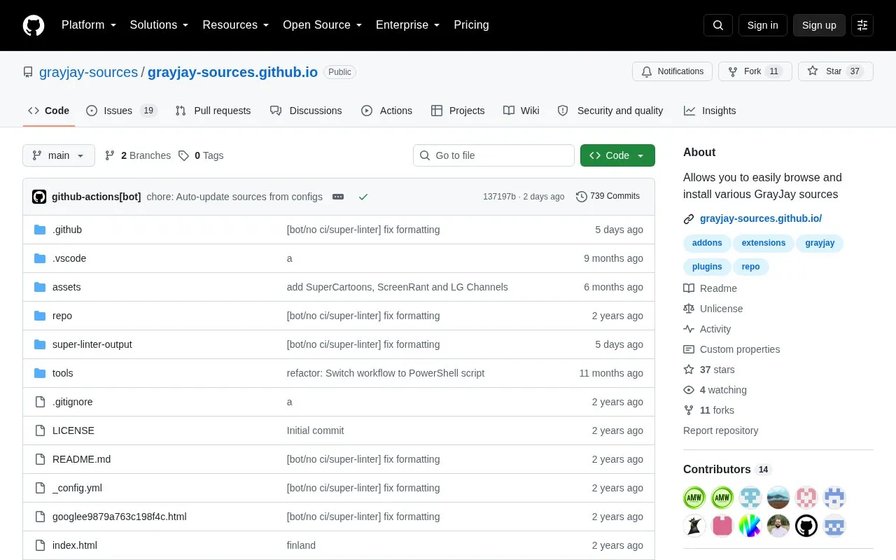 Grayjay Sources.github.io homepage screenshot