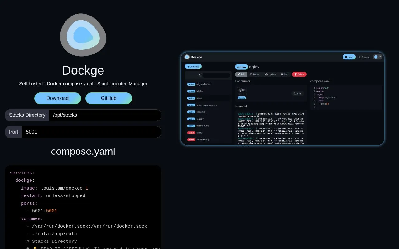 DockGE homepage screenshot