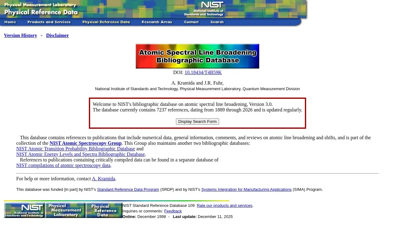 NIST Atomic Spectral Line Broadening Bibliographic Database homepage screenshot
