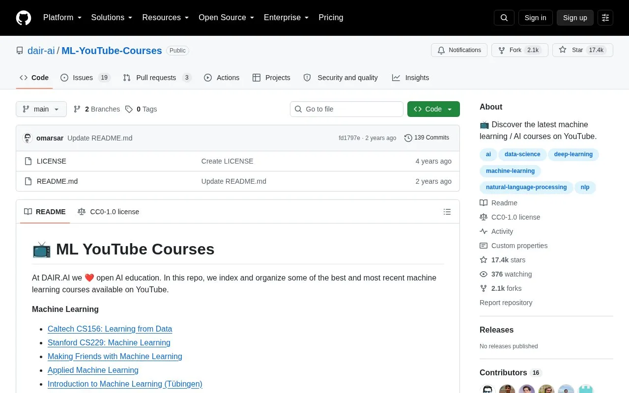 ML YouTube Courses homepage screenshot
