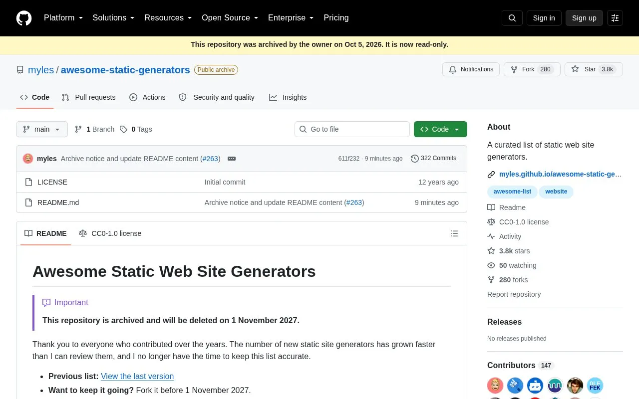 Awesome Static Generators homepage screenshot
