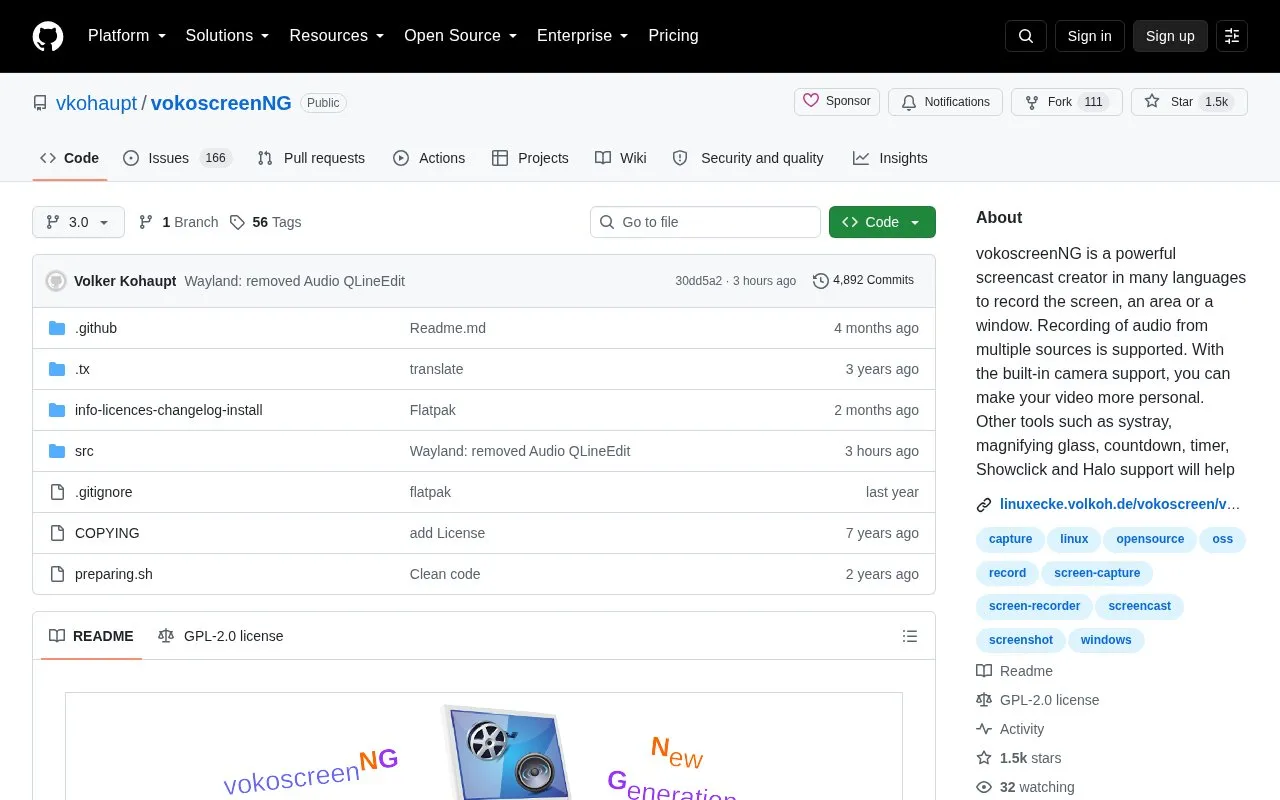 Vokoscreen Ng homepage screenshot