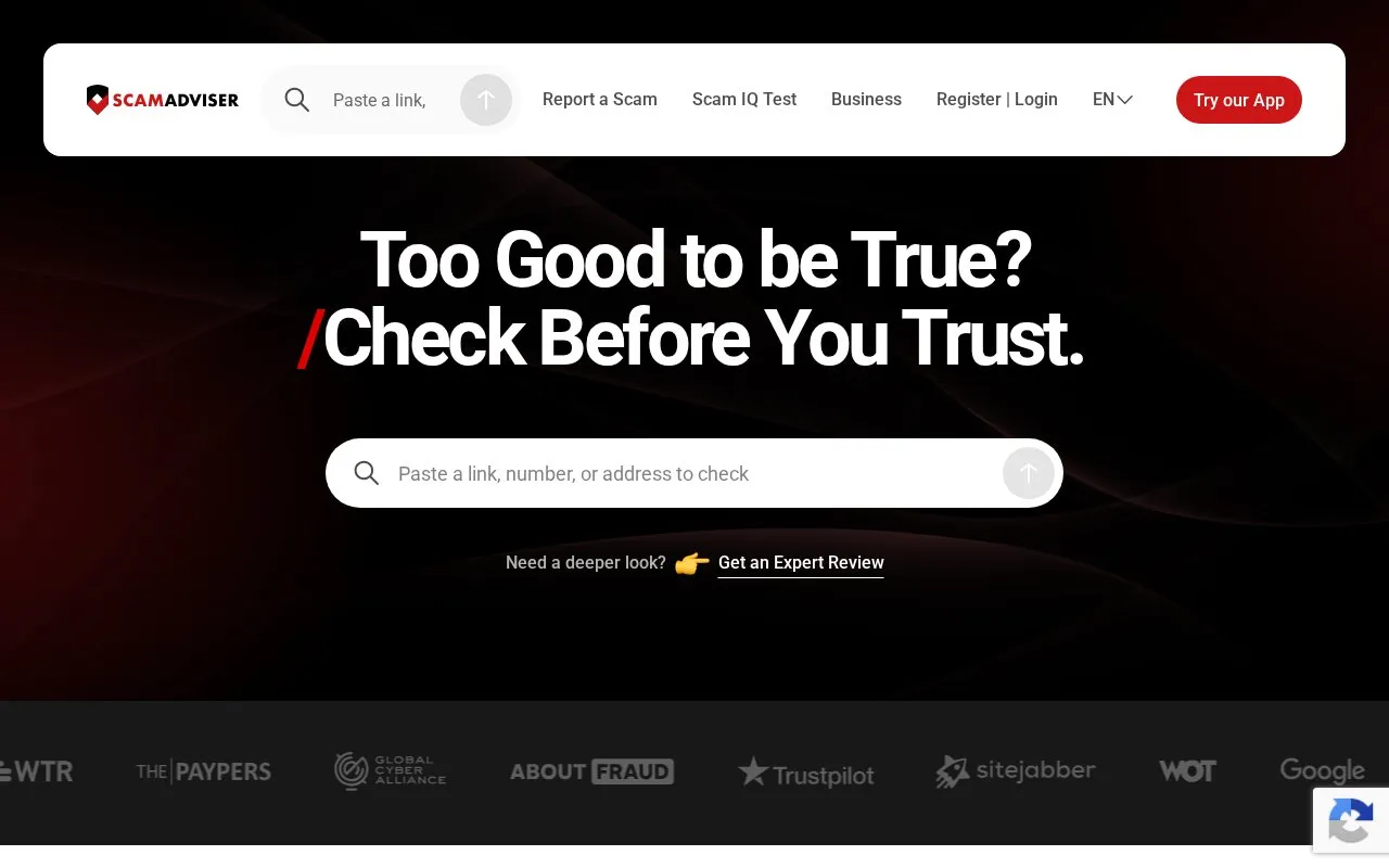ScamAdviser homepage screenshot