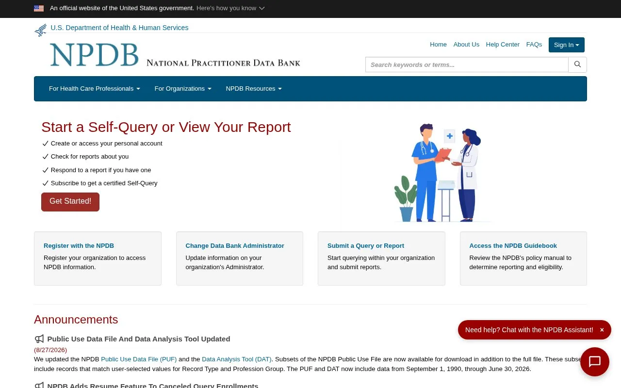 The National Practitioner Data Bank homepage screenshot