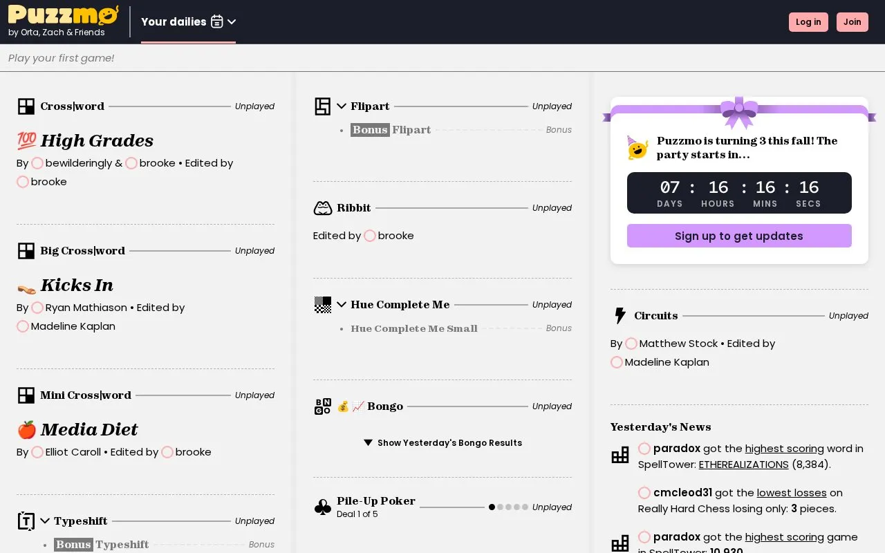 Puzzmo homepage screenshot