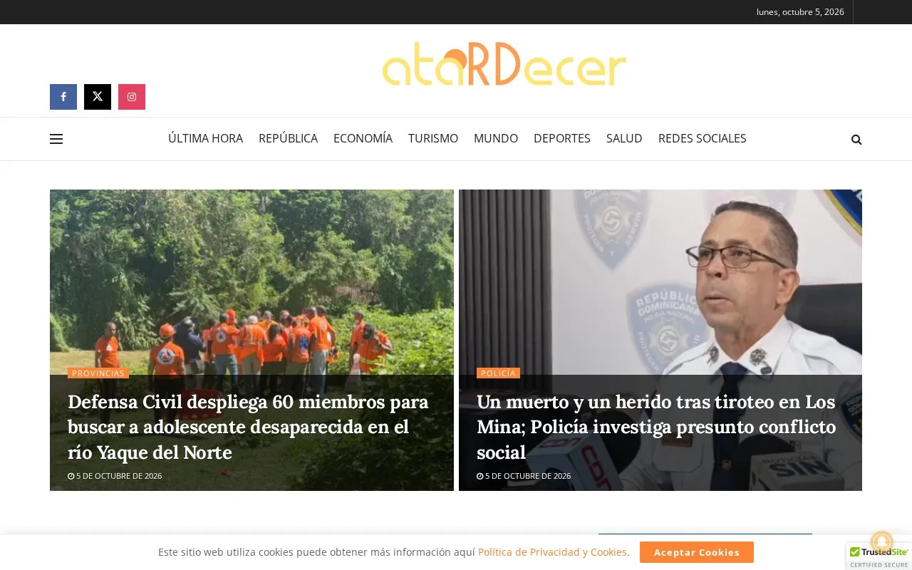 Atardecer homepage screenshot