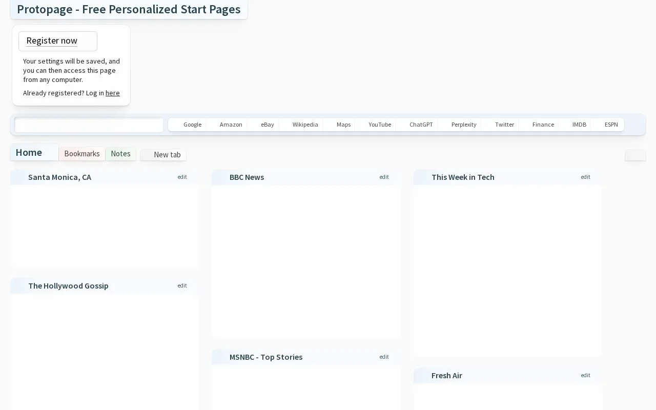 Protopage homepage screenshot
