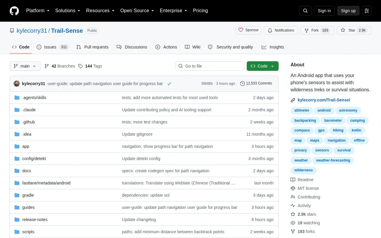 Trail Sense homepage screenshot