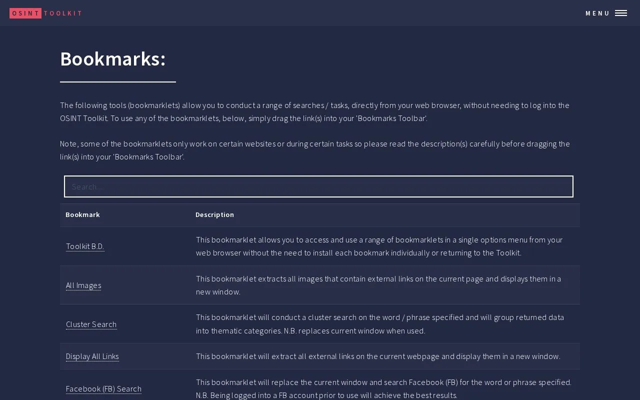 Bookmarks homepage screenshot
