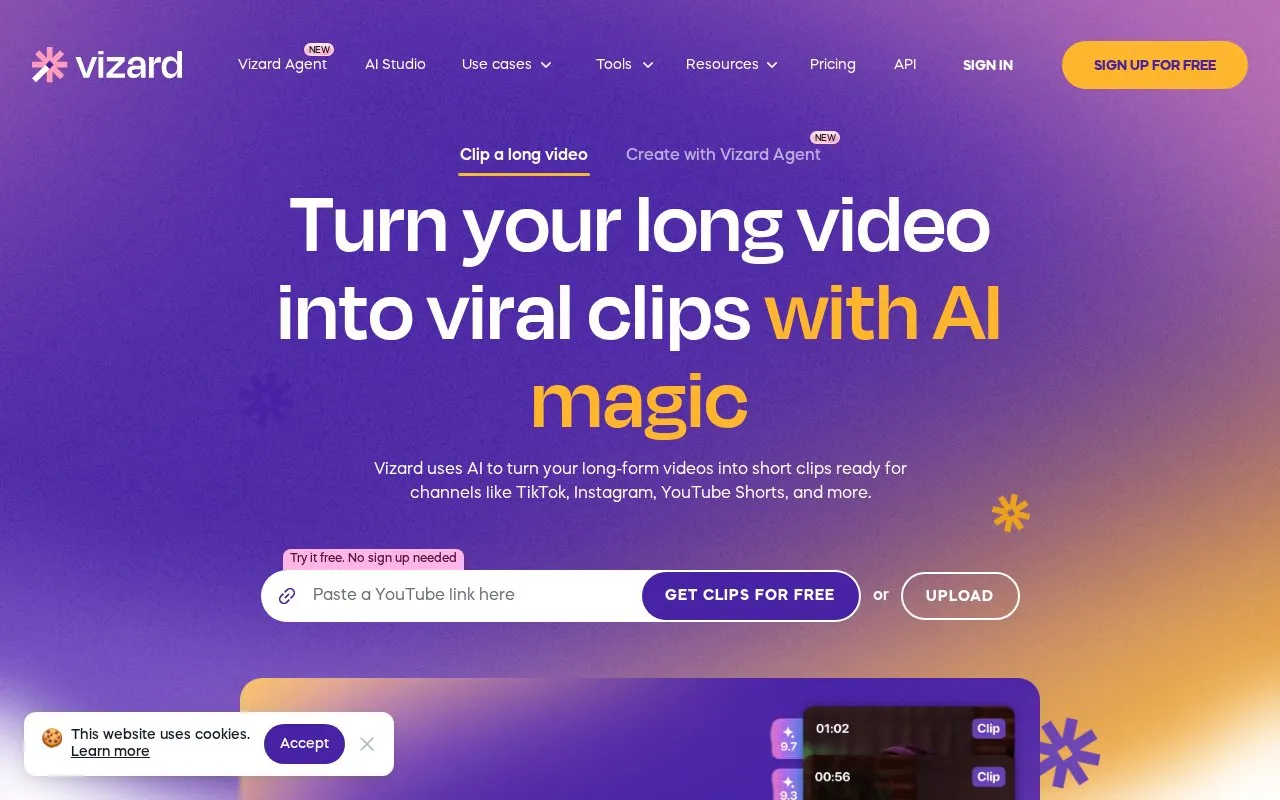 Vizard homepage screenshot