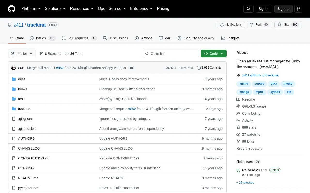 Trackma homepage screenshot