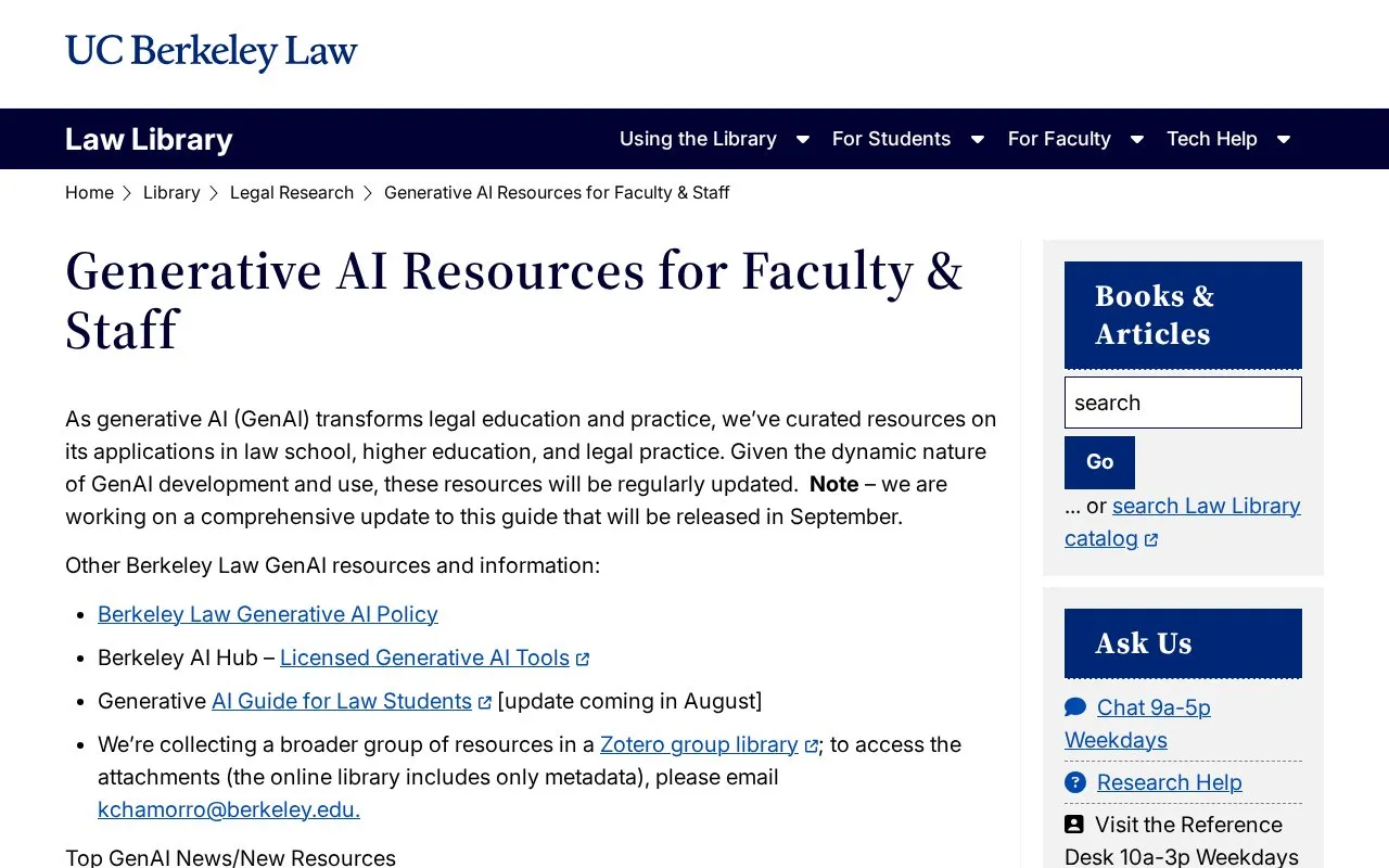 Generative AI Resources for Berkeley Law Faculty & Staff - Berkeley Law homepage screenshot