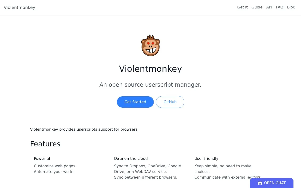 Violentmonkey homepage screenshot