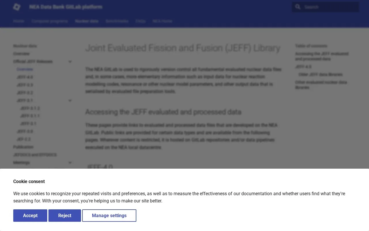Joint Evaluated Fission and Fusion File homepage screenshot