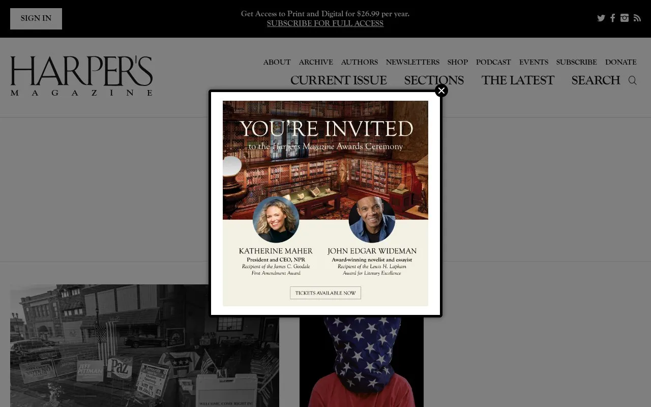 Harper's Magazine homepage screenshot