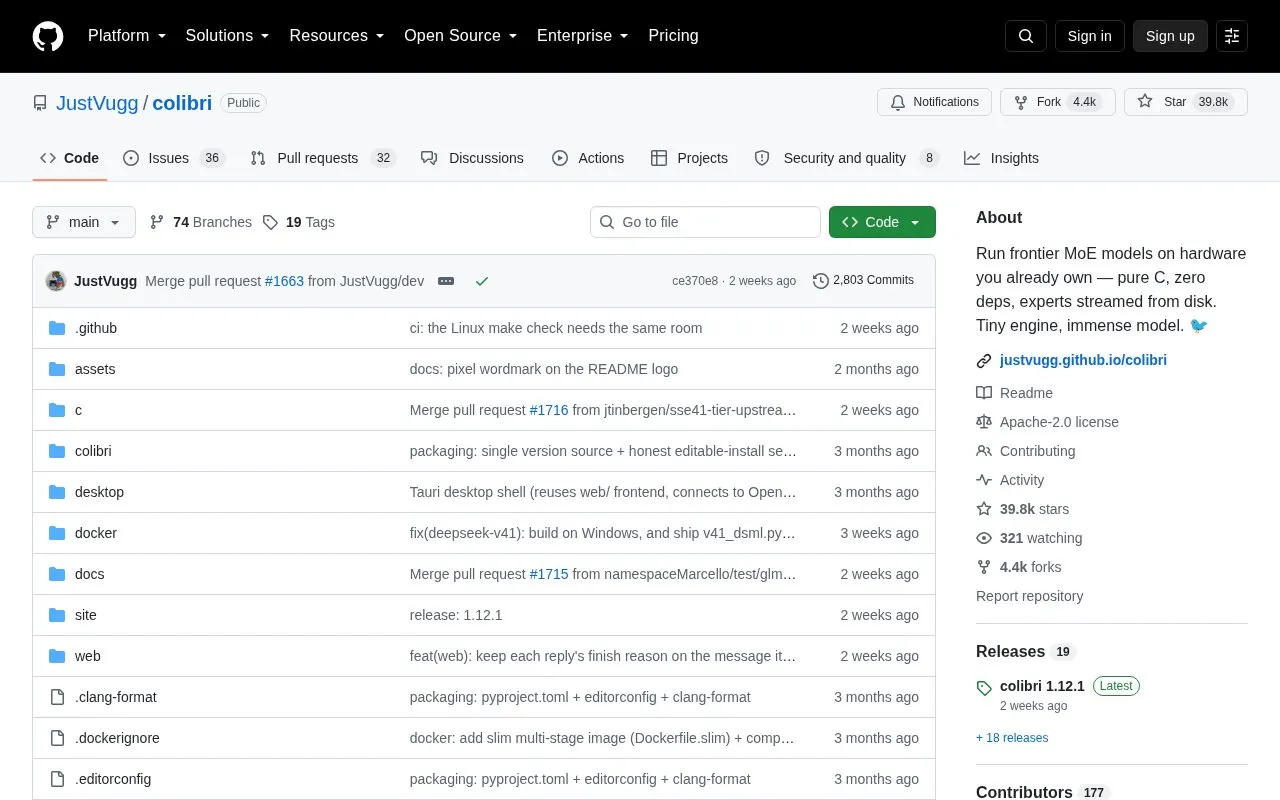 Colibri homepage screenshot
