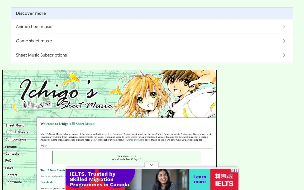 Ichigo's Sheet Music homepage screenshot