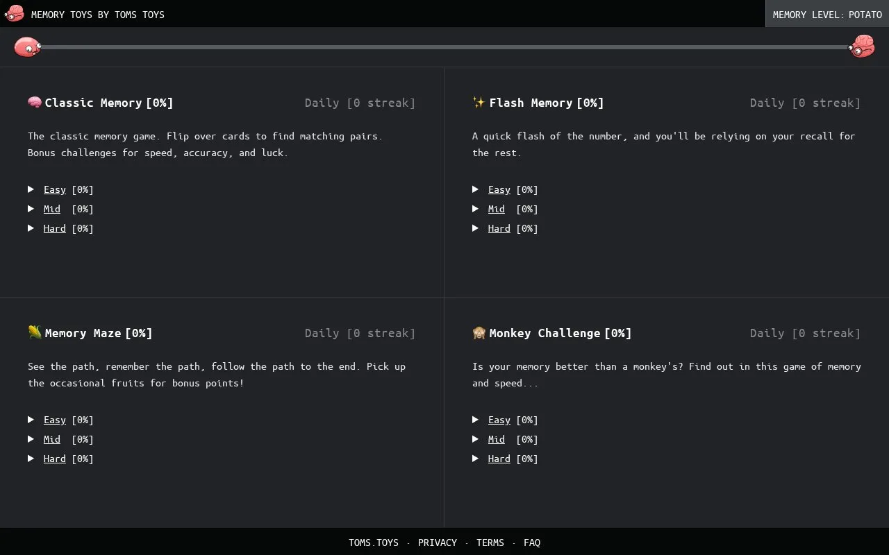Memory Toys homepage screenshot