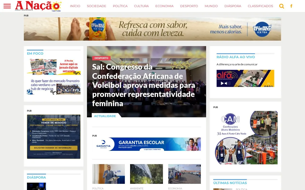 A Nação homepage screenshot