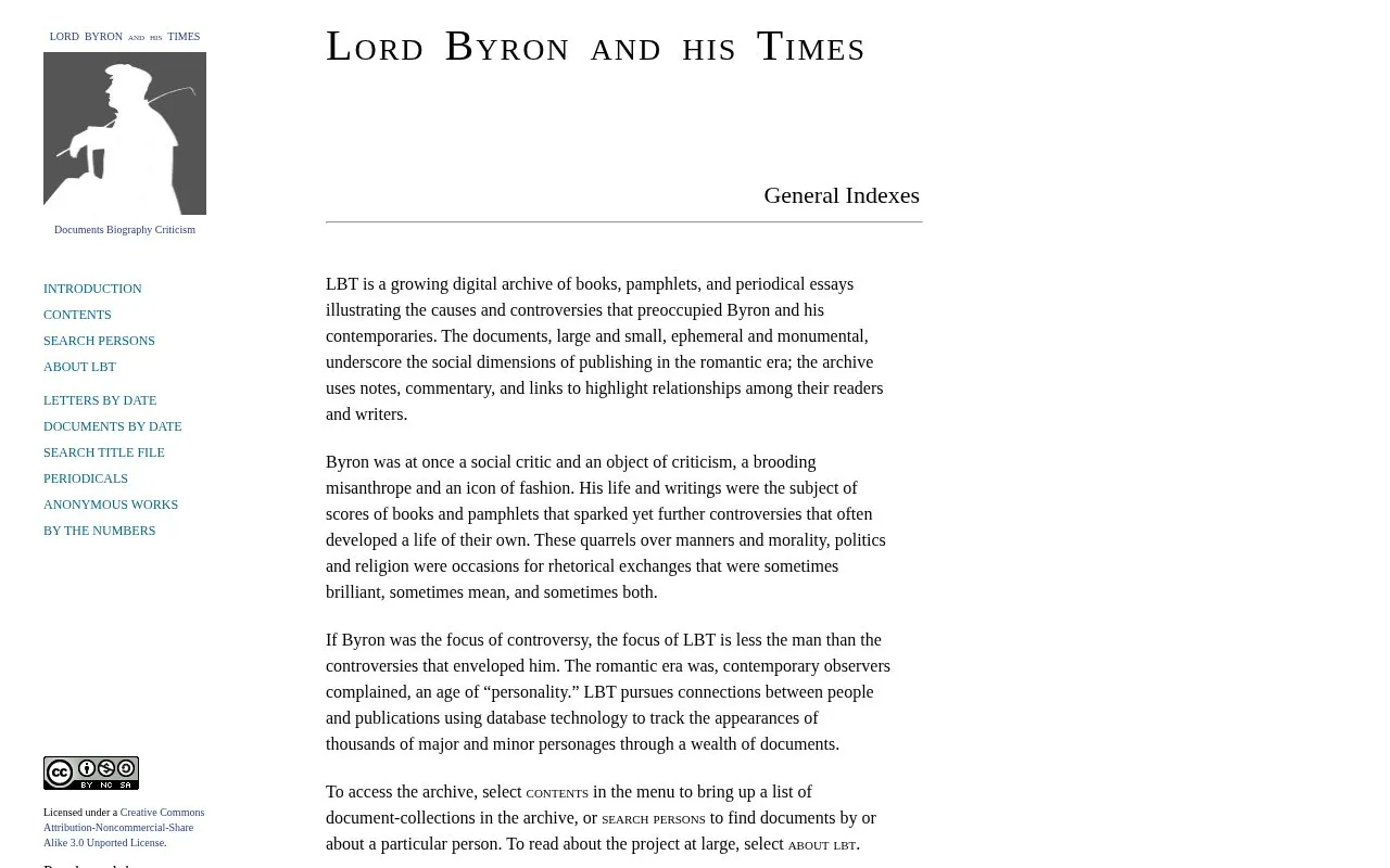 Lord Byron and his Times homepage screenshot